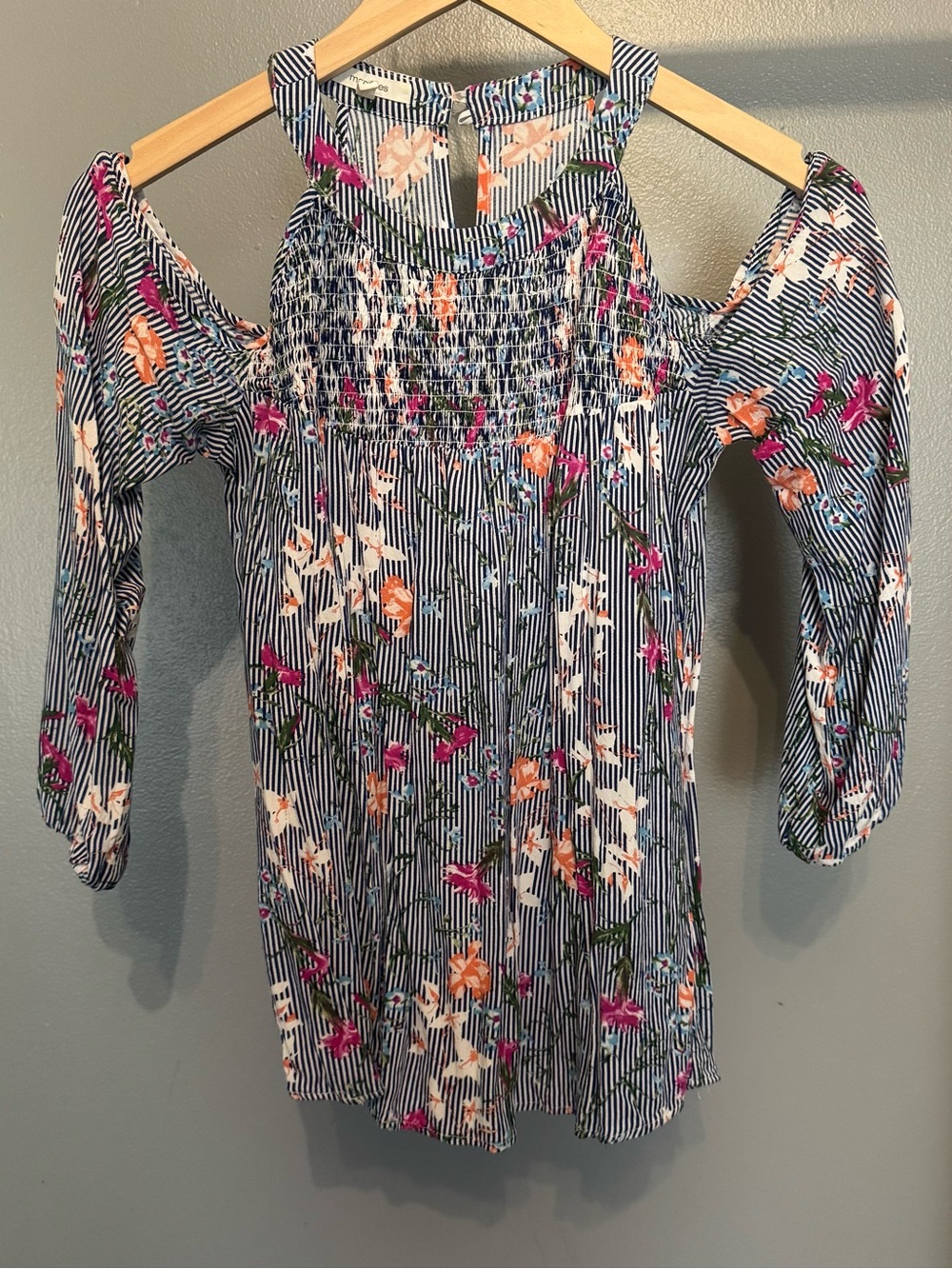 Women’s Cold-Shoulder Floral Stripe Top - Navy/White with Pink & Orange Flowers